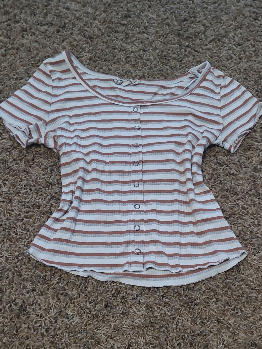 Striped White and Tan Button-Front Top